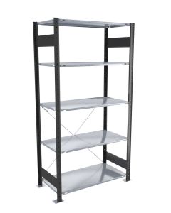 Fachbodenregal Stecksystem, Grundregal, einseitig nutzbar, H2000xB1000xT400 mm, 5 Fachböden, Fachlast 150 kg, schwarz / verzinkt