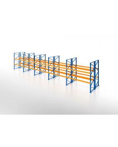 Palettenregal, Doppelregal, 3 Lagerebenen, H3500xB12350xT2x1100 mm, Fachlast 3000 kg, 78 Palettenplätze, Rahmen blau, Traverse orange