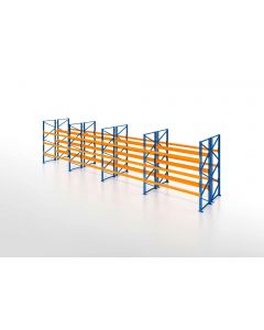 Palettenregal, Doppelregal, 4 Lagerebenen, H4000xB11300xT2x1100 mm, Fachlast 3000 kg, 96 Palettenplätze, Rahmen blau, Traverse orange