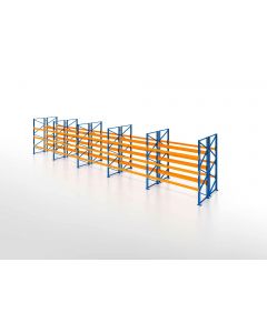Palettenregal, Doppelregal, 4 Lagerebenen, H4000xB12350xT2x1100 mm, Fachlast 3800 kg, 104 Palettenplätze, Rahmen blau, Traverse orange
