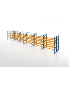 Palettenregal, Doppelregal, 4 Lagerebenen, H7500xB16900xT2x1100 mm, Fachlast 3800 kg, 144 Palettenplätze, Rahmen blau, Traverse orange