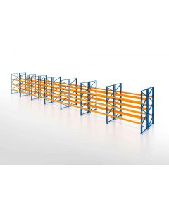 Palettenregal, Doppelregal, 4 Lagerebenen, H6000xB19700xT2x1100 mm, Fachlast 3800 kg, 168 Palettenplätze, Rahmen blau, Traverse orange