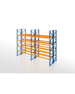 Palettenregal, Doppelregal, 5 Lagerebenen, H7500xB4825xT2x1100 mm, Fachlast 3800 kg, 50 Palettenplätze, Rahmen blau, Traverse orange