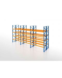 Palettenregal, Doppelregal, 5 Lagerebenen, H5500xB8500xT2x1100 mm, Fachlast 3800 kg, 90 Palettenplätze, Rahmen blau, Traverse orange