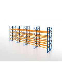 Palettenregal, Doppelregal, 5 Lagerebenen, H4500xB10425xT2x1100 mm, Fachlast 3000 kg, 110 Palettenplätze, Rahmen blau, Traverse orange