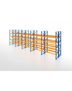 Palettenregal, Doppelregal, 5 Lagerebenen, H3000xB12350xT2x1100 mm, Fachlast 3800 kg, 130 Palettenplätze, Rahmen blau, Traverse orange