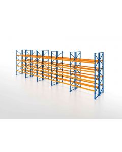 Palettenregal, Doppelregal, 5 Lagerebenen, H6500xB14100xT2x1100 mm, Fachlast 3800 kg, 150 Palettenplätze, Rahmen blau, Traverse orange