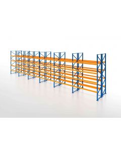Palettenregal, Doppelregal, 5 Lagerebenen, H5500xB16900xT2x1100 mm, Fachlast 3800 kg, 180 Palettenplätze, Rahmen blau, Traverse orange