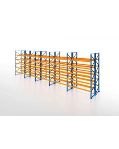 Palettenregal, Doppelregal, 6 Lagerebenen, H7500xB14100xT2x1100 mm, Fachlast 3800 kg, 180 Palettenplätze, Rahmen blau, Traverse orange