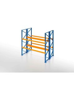 Palettenregal, Doppelregal, 3 Lagerebenen, H3000xB1825xT2x1100 mm, Fachlast 3800 kg, 12 Palettenplätze, Rahmen blau, Traverse orange