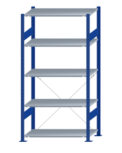 Fachbodenregal Stecksystem, Grundregal, einseitig nutzbar, H2000xB1000xT500, 5 Fachböden, Fachlast 150kg, RAL 5010 enzianblau / verzinkt