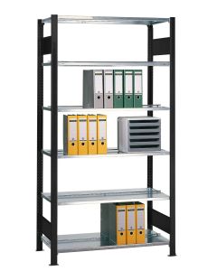 Büroregal Stecksystem, Grundregal, beidseitig nutzbar mit Mittelanschlag, H1800xB750xT600 mm, Fachlast 150 kg, schwarz / RAL 7035 lichtgrau