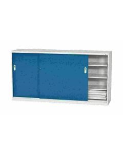 Schiebetürschrank H1030xB2000xT500 mm mit Trennwand, Schubladen und Fachböden, RAL 7035 lichtgrau / RAL 5010 enzianblau 