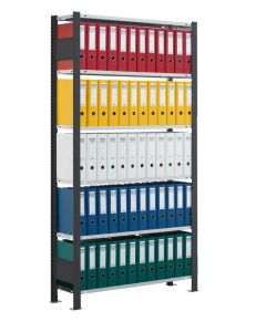 Büroregal Stecksystem, Grundregal, einseitig nutzbar mit Anschlagleiste, H1800xB750xT300 mm, Fachlast 85 kg, schwarz / RAL 7035 lichtgrau